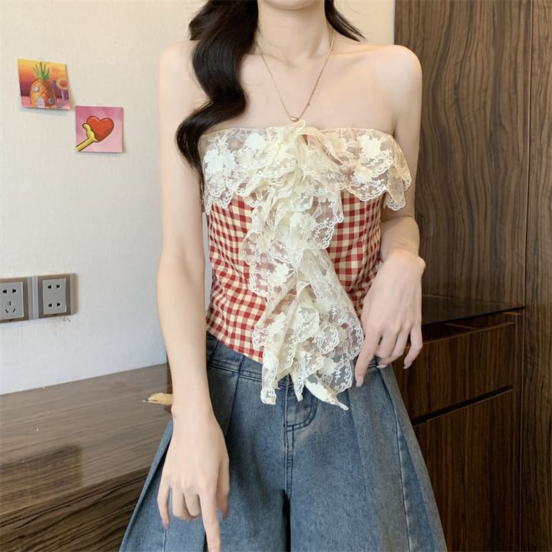 Gingham Lace Panel Crop Tube Top