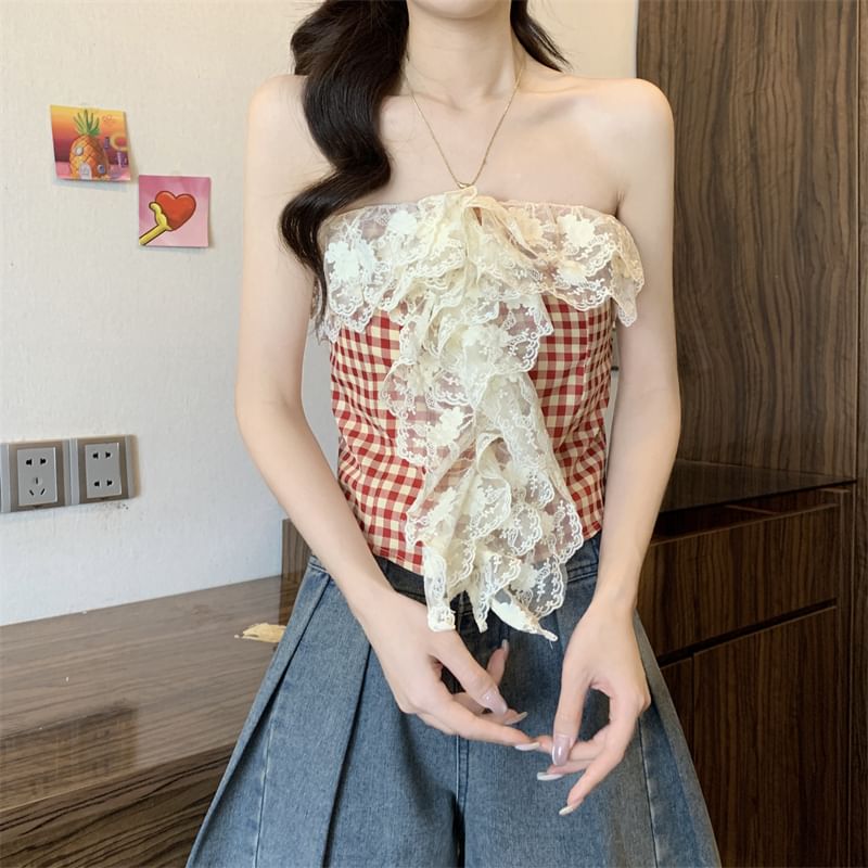Gingham Lace Panel Crop Tube Top