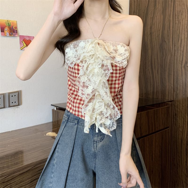 Gingham Lace Panel Crop Tube Top