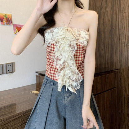 Gingham Lace Panel Crop Tube Top