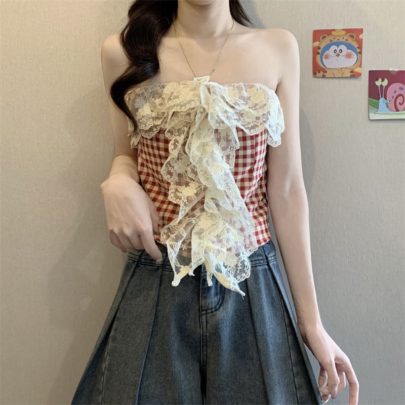 Gingham Lace Panel Crop Tube Top