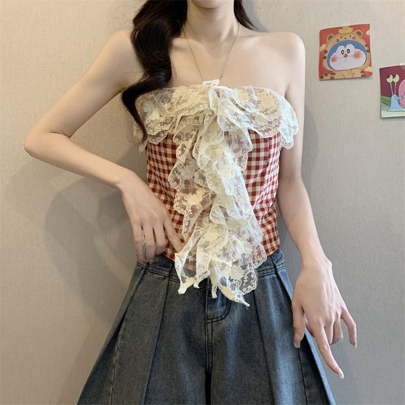 Gingham Lace Panel Crop Tube Top