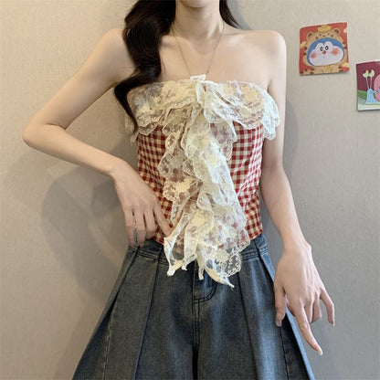 Gingham Lace Panel Crop Tube Top