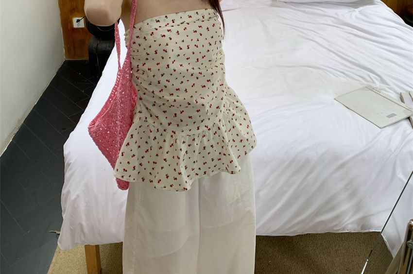 Floral Print Ruched Ruffle Hem Tube Top