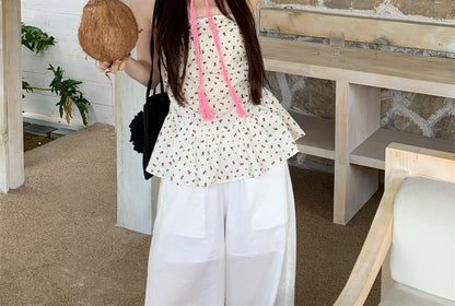 Floral Print Ruched Ruffle Hem Tube Top