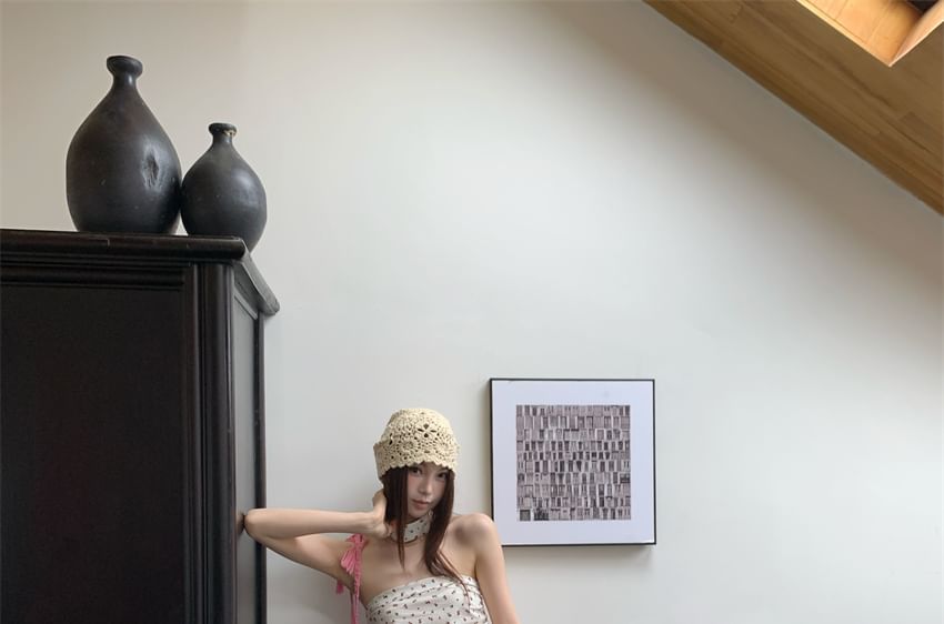 Floral Print Ruched Ruffle Hem Tube Top