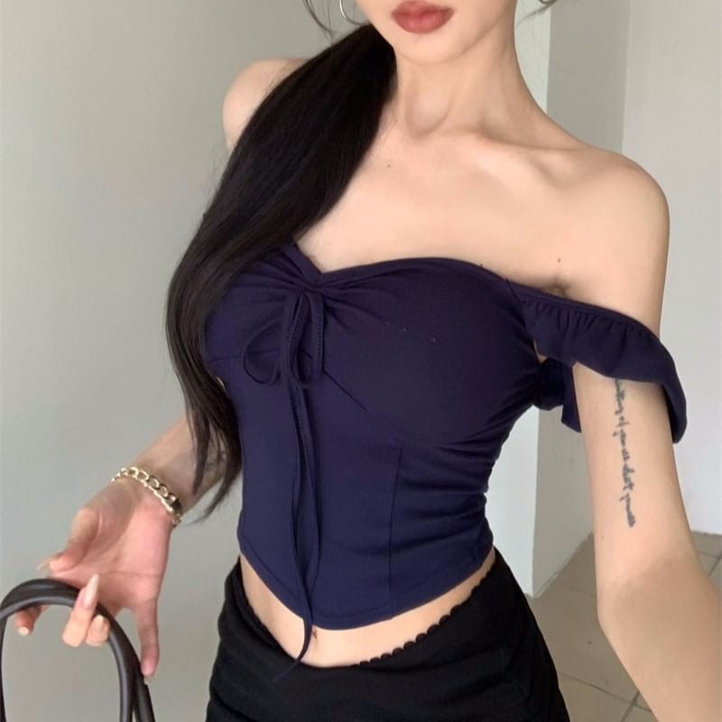 Sweetheart Neckline Off-Shoulder Plain Bow Accent Slim Fit Crop Top