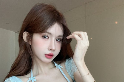 Cap-Sleeve Halter Neck Plain Lace Panel Bow Accent Slim Fit Crop Top