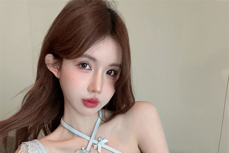 Cap-Sleeve Halter Neck Plain Lace Panel Bow Accent Slim Fit Crop Top