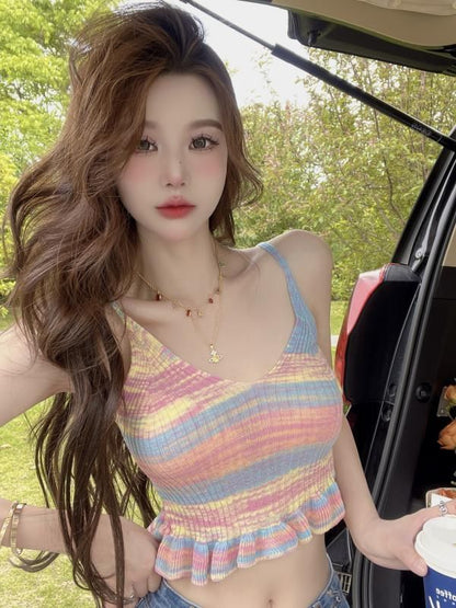 V-Neck Tie Dye Ruffle Hem Crop Camisole Top