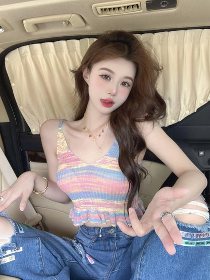 V-Neck Tie Dye Ruffle Hem Crop Camisole Top