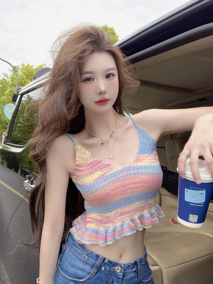 V-Neck Tie Dye Ruffle Hem Crop Camisole Top