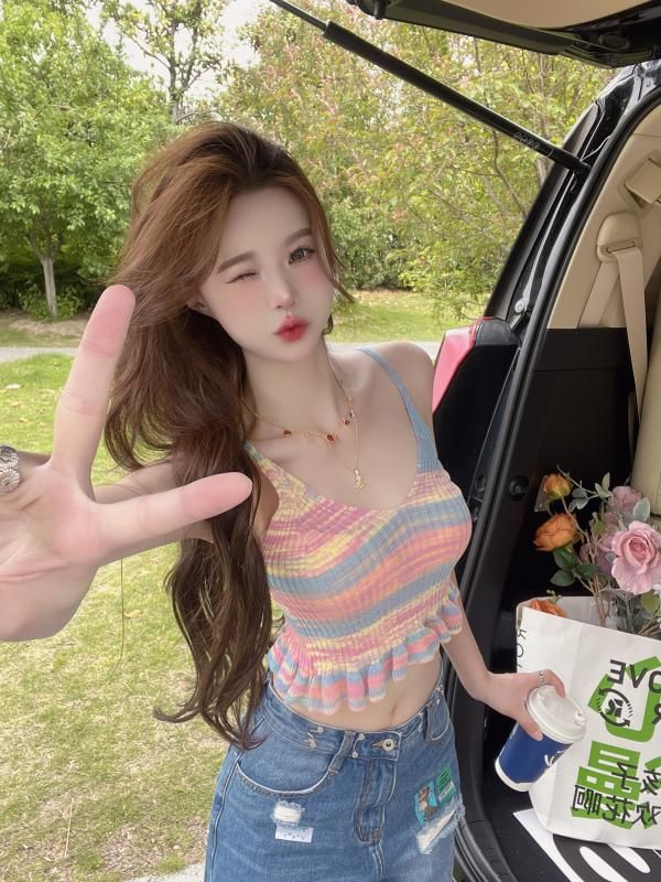 V-Neck Tie Dye Ruffle Hem Crop Camisole Top