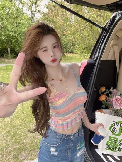 V-Neck Tie Dye Ruffle Hem Crop Camisole Top