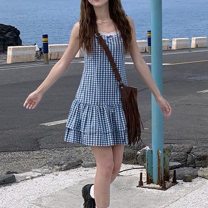 Spaghetti Strap V-Neck Gingham Lace Trim Layered Mini A-Line Dress