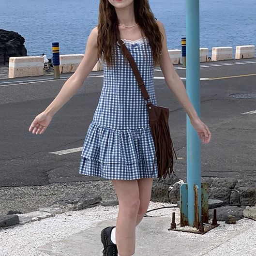 Spaghetti Strap V-Neck Gingham Lace Trim Layered Mini A-Line Dress