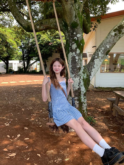 Spaghetti Strap V-Neck Gingham Lace Trim Layered Mini A-Line Dress