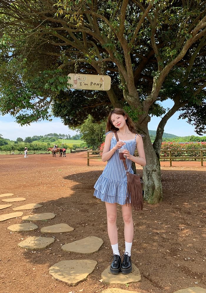 Spaghetti Strap V-Neck Gingham Lace Trim Layered Mini A-Line Dress