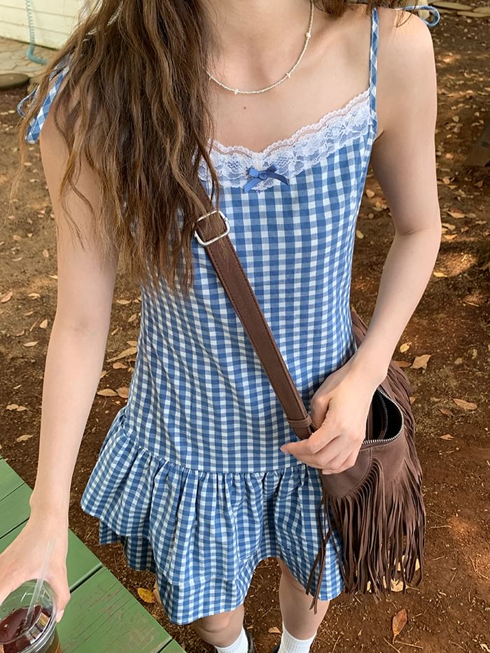 Spaghetti Strap V-Neck Gingham Lace Trim Layered Mini A-Line Dress