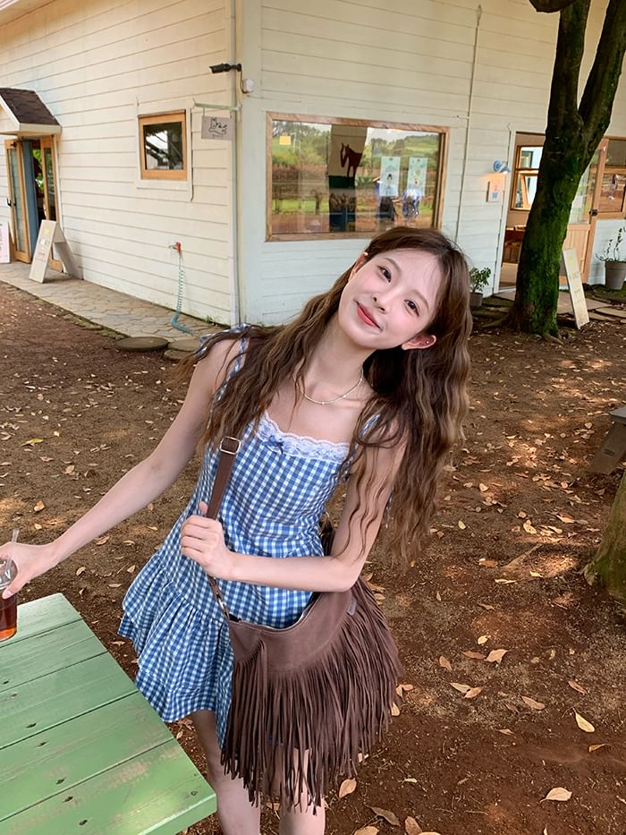 Spaghetti Strap V-Neck Gingham Lace Trim Layered Mini A-Line Dress