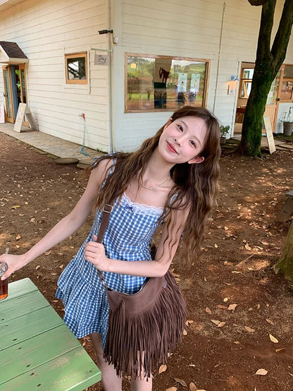 Spaghetti Strap V-Neck Gingham Lace Trim Layered Mini A-Line Dress