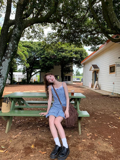 Spaghetti Strap V-Neck Gingham Lace Trim Layered Mini A-Line Dress