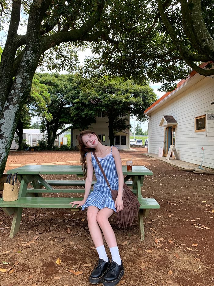 Spaghetti Strap V-Neck Gingham Lace Trim Layered Mini A-Line Dress