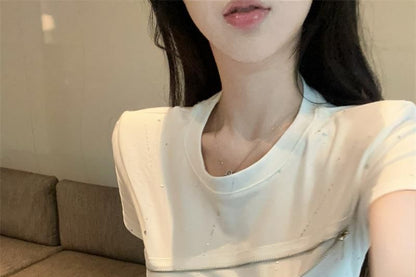 Short-Sleeve Crew Neck Sequin Zipped Slim Fit Crop Tee