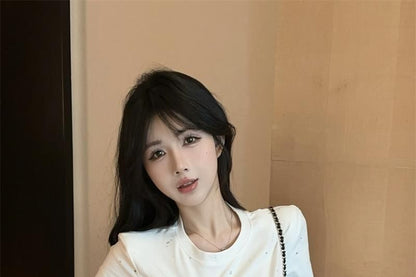 Short-Sleeve Crew Neck Sequin Zipped Slim Fit Crop Tee