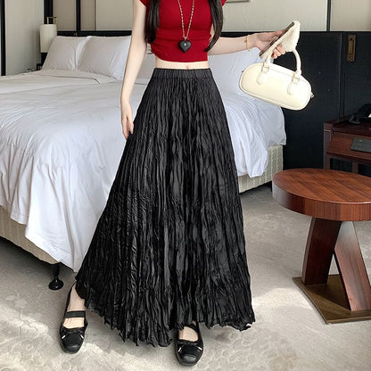 High Waist Plain Asymmetrical Crinkle Maxi A-Line Skirt
