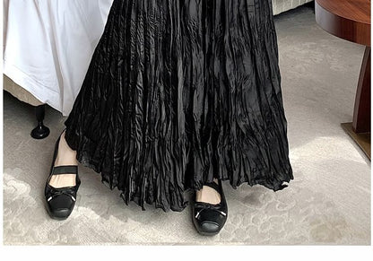 High Waist Plain Asymmetrical Crinkle Maxi A-Line Skirt