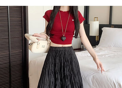 High Waist Plain Asymmetrical Crinkle Maxi A-Line Skirt