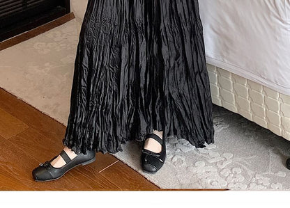 High Waist Plain Asymmetrical Crinkle Maxi A-Line Skirt