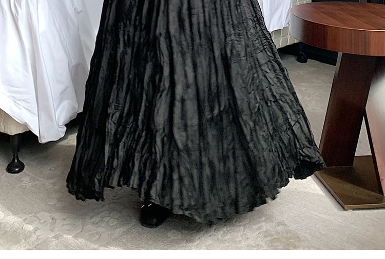 High Waist Plain Asymmetrical Crinkle Maxi A-Line Skirt