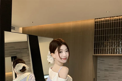 Long-Sleeve Cold Shoulder Striped Asymmetrical Button-Up Blouse