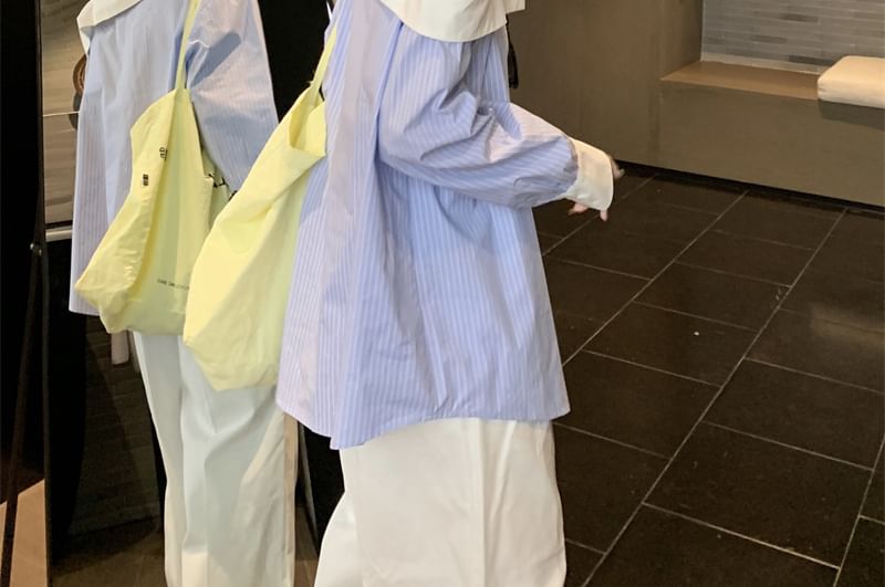 Long-Sleeve Cold Shoulder Striped Asymmetrical Button-Up Blouse