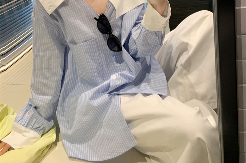 Long-Sleeve Cold Shoulder Striped Asymmetrical Button-Up Blouse