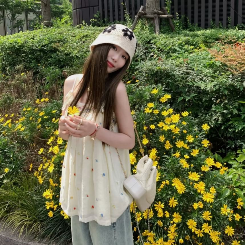 Embroidered Bow Accent Frill Trim Flowy Camisole Top