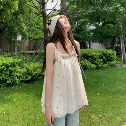 Embroidered Bow Accent Frill Trim Flowy Camisole Top