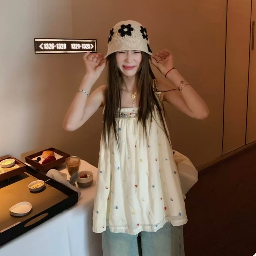 Embroidered Bow Accent Frill Trim Flowy Camisole Top