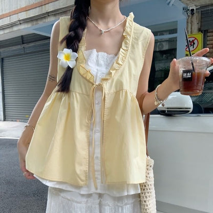 Mock Two-Piece Sleeveless Two Tone Frill Trim Tie Front Blouse