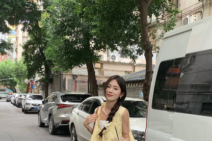 Mock Two-Piece Sleeveless Two Tone Frill Trim Tie Front Blouse