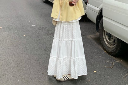 Mock Two-Piece Sleeveless Two Tone Frill Trim Tie Front Blouse