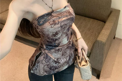 Paisley Print Ruched Slit Tube Top