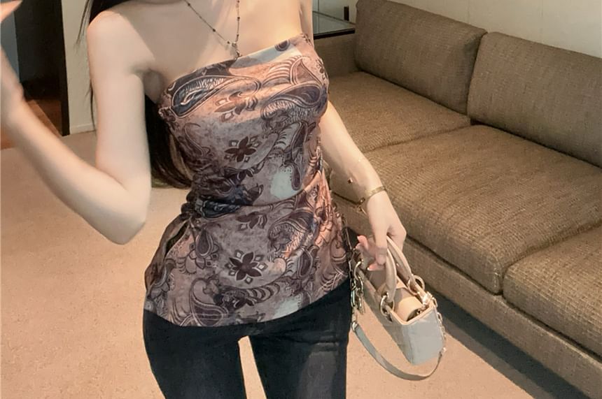 Paisley Print Ruched Slit Tube Top