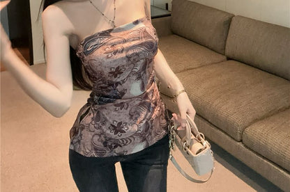 Paisley Print Ruched Slit Tube Top