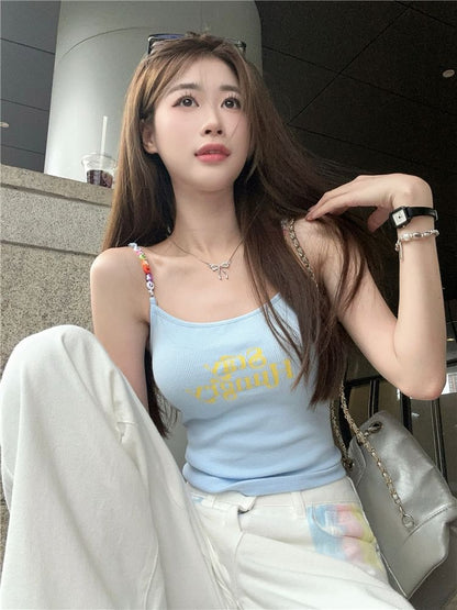 Scoop Neck Lettering Print Beaded Crop Cami Top