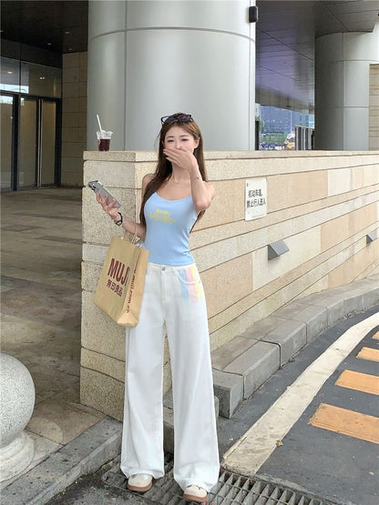 Scoop Neck Lettering Print Beaded Crop Cami Top