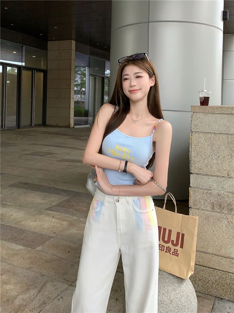 Scoop Neck Lettering Print Beaded Crop Cami Top