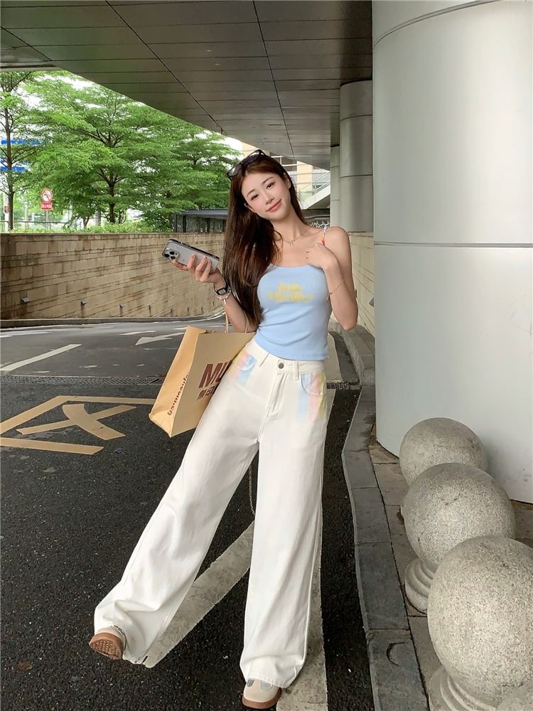 Scoop Neck Lettering Print Beaded Crop Cami Top